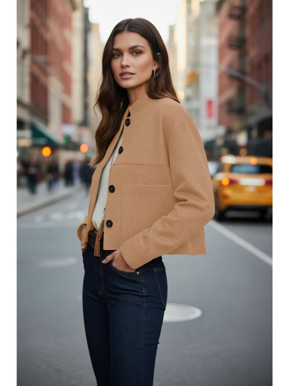 Women's Khaki Chic Faux Suede Oversized Button-Down Cropped Motorcycle Jacket - Picture 4 of 5